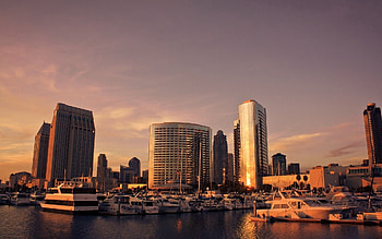 Cities, Sunset, Sea, Yachts, Usa, Building, Horizon, United States, Wharf, Berth, San Diego HD wallpaper