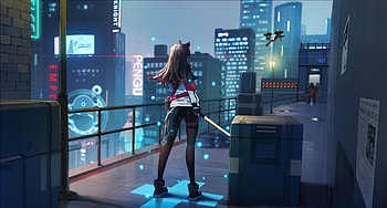 Anime Girl Scifi City Roof With Weapon, anime-girl, anime, artist, artwork, digital-art HD wallpaper
