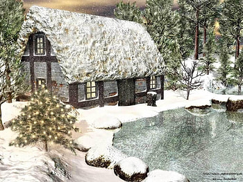 glazed pond, winter, trees, cottage, water HD wallpaper