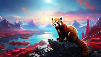 Red Panda, red panda, sunset, mountain, lake, Animal HD wallpaper