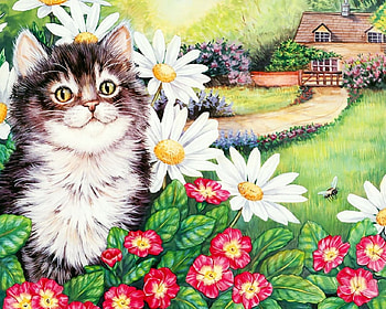 Kitty in Garden, artwork, painting, path, blossoms, house, cat, flowers, daisies HD wallpaper