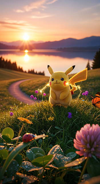 Golden Hour Pikachu, Pikachu, meadow, lake, flower HD phone wallpaper