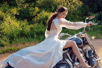 Maria Vasilvich ~ Late for her wedding?, motorcycle, model, gown, brunette, legs HD wallpaper