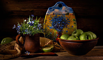 Still Life, blue, graphy, vase, beautiful, blue flowers, beauty, apples, pretty, nature, flowers HD wallpaper