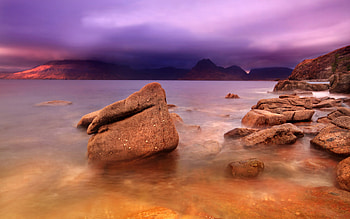 Sunset, sea, colorful, pink sunset, colors, rocks, clouds, nature, sky, ocean HD wallpaper