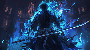 Ichigo Kurosaki : Blue Flames and Katana, Anime, Bleach, Ichigo Kurosaki, blue anime, katana HD wallpaper