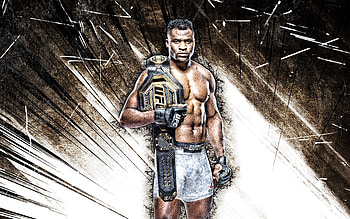 Francis Ngannou, grunge art, Cameroonian fighters, MMA, UFC, Mixed martial arts, Francis Ngannou , brown abstract rays, UFC fighters, MMA fighters, Francis Ngannou with belt HD wallpaper