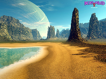 Bejeweled 2 - Seraph III, water, sea, blue sky, sand, planet, monuments, clouds HD wallpaper
