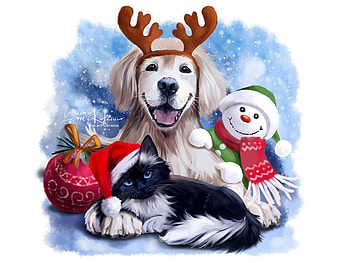 Three comrades, dog, winter, lorri kajenna, horns, craciun, art, cat, snowman, pisici, reindeer, fantasy, iarna, christmas, red, scarf HD wallpaper