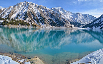 Winter, Nature, Mountains, Snow, Lake, Freshness, Blue Water HD wallpaper