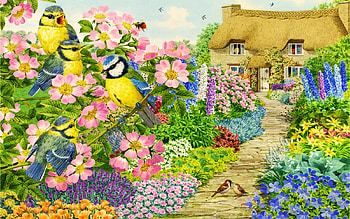 Cottage Garden Birds, chickadees, flowers, painting, house, sparrows HD wallpaper