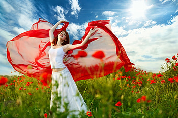 Wonderful Nature, sunlight, beauty, summer, poppies, wind, field, cape, clouds, flowers, women, sky HD wallpaper