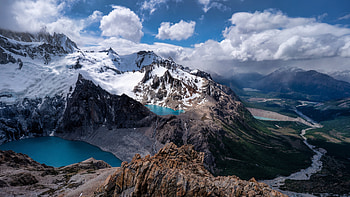Snow covered mountains, lake, river, aerial view HD wallpaper