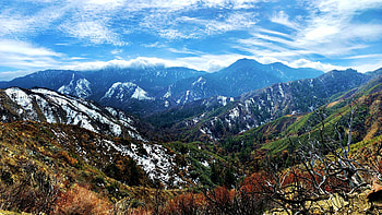 Los Angeles Crest in early spring, california, valley, clouds, trees, sky, usa HD wallpaper