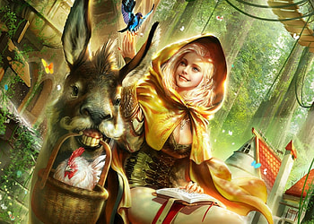 Red Riding Hood, chicken, bird, girl, basket, fantasy, game, funny, legend of the cryptids, luminos, donkey HD wallpaper