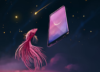 Dreaming in digital, tablet, fantasy, alromeadheen, art, pesti, stars, ahmx, fish HD wallpaper