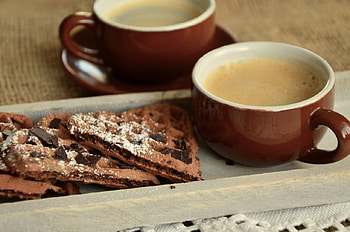 Afternoon Break, cups, brown, coffee, delicious, waffles HD wallpaper