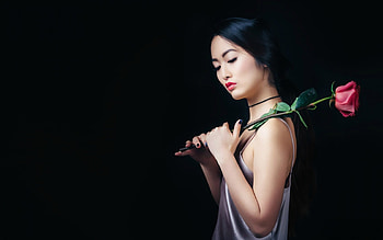 Beauty, rose, pink, black, model, asian, flower, girl, woman HD wallpaper