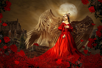 Angel, wings, fiendcute, moon, fantasy, art, red, girl, luna HD wallpaper