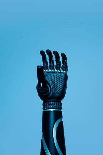 A high-tech robotic prosthetic arm reaching upwards on a blue background, symbolizing innovation in biotechnology. HD phone wallpaper