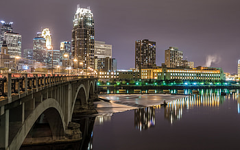 Minneapolis Skyline, Travels, Bridge reflection water, Skyline night HD wallpaper