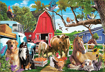 Gathering In The Farm Yard, cow, barn, birds, art, dogs, calf, digital, horses, animals HD wallpaper