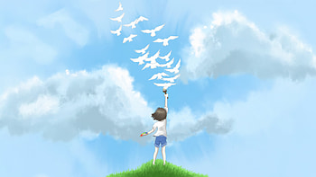 Anime Girl Releasing White Doves, anime-girl, clouds, birds, sky, grass, dove, artist, artwork, art, digital-art, ai, deviantart HD wallpaper