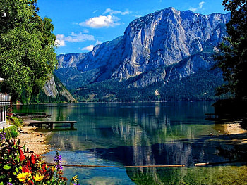 Clear mountain river, lakeshore, crystal, pier, nice, shore, reflection, trees, water, beautiful, lake, mountain, summer, cliffs, clouds, nature, sky, flowers, clear, lovely HD wallpaper
