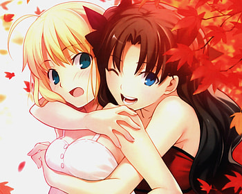 Welcome Hug, shiro, light novel, berserker, blonde hair, fsn, white, blue eyes, smile, war, anime, brown hair, leaf, manga, dream, blue, kimono, rin, cute, huge, master, fate stay night, holy grail, dress, long hair, emiya kiritsugu, fate zero, irisviel von einzbern, blood, servent, caster, wish, saber, lancer, love, video games, gilgamesh, flowers, kotomine kirel, rider HD wallpaper