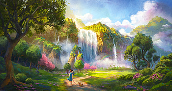 Landscape, Art, Waterfall, Dog, Girl HD wallpaper