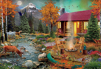 By The RIver, boat, artwork, digital, deer, autumn, trees, mountains, cabin HD wallpaper