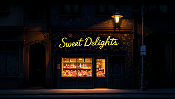 Sweet Delights: A Candy Store Experience, candy store, bakery, sweets, storefront, night HD wallpaper