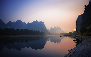 nature, Landscape, Reflection, River, Mountain, Sunrise, Mist, China, Palm Trees, Boat, Water, Calm / and Mobile Backgrounds HD wallpaper