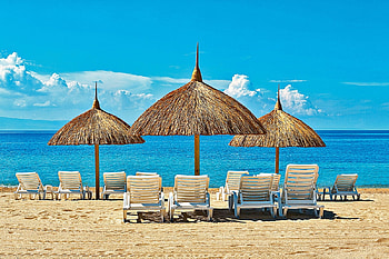 Haiti, deck chairs, umbrellas, beach HD wallpaper