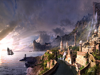 Building, Artistic, Fantasy, Boat, Landscape, Ocean HD wallpaper