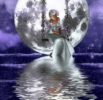 Reflection, abstract, moon, fantasy, swing, girl, water HD wallpaper