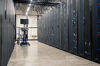 Modern data center corridor with server racks and computer equipment. Ideal for technology and IT concepts. HD wallpaper