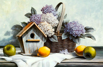birdhouse and lilacs, basket, table, lemon, lilacs, apple, birdhouse HD wallpaper