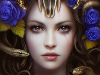 Lilith, blue, snake, art, girl, cris ortega, rose, face, luminos HD wallpaper