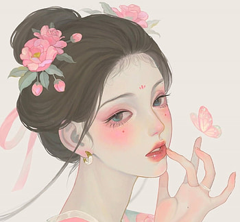Beauty, pink, asian, fantasy, art, flower, face, girl, hand, butterfly HD wallpaper