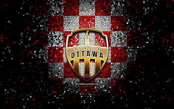 Atletico Ottawa FC, glitter logo, Canadian Premier League, red white checkered background, soccer, canadian football club, Atletico Ottawa logo, mosaic art, football, FC Atletico Ottawa HD wallpaper