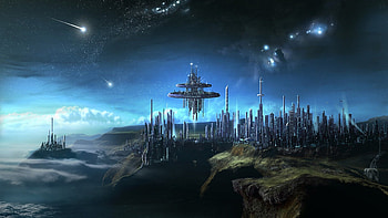 City in the Clouds, cities, fantasy, night sky, futuristic, cityscape, stars HD wallpaper