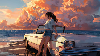 Girl With Classic Car At Beach Sunset, girl, classic, car, beach, sunset, artist, artwork, art, digital-art, ai HD wallpaper