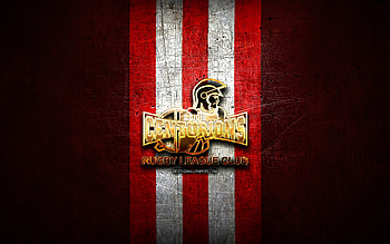 Leigh Centurions, golden logo, SLE, red metal background, english rugby club, Leigh Centurions logo, rugby HD wallpaper