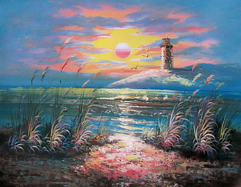 Pink Moon, lighthouse, grasses, moon, water, sunset HD wallpaper