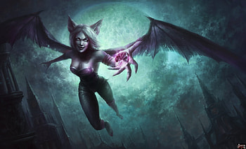 Jewel in history, blue, wings, art, bat, girl, vampire, hand, purple, aliceyuric, moon, fantasy, stone, luna HD wallpaper