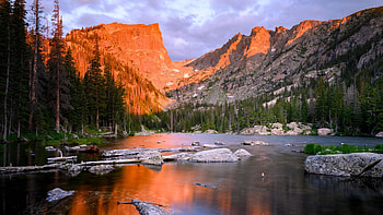 Dream Lake, Rocky Mountain NP, Colorado, trees, clouds, sky, rocks, water, mountains, reflections, stones, usa HD wallpaper