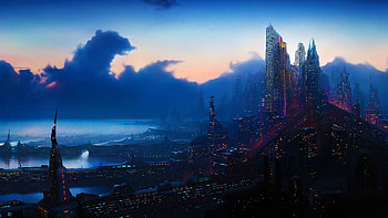 cyberpunk sci fi science fiction futuristic world cities architecture buildings skyscrapers night lights window detail tech marina harbor oc. HD wallpaper