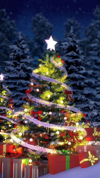 snow, winter, gift, christmas tree, night, holiday, Christmas, winter night, night snow HD phone wallpaper