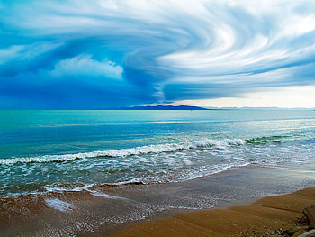 Blue sky, blue, clouds, sky, nature, wave, beach HD wallpaper